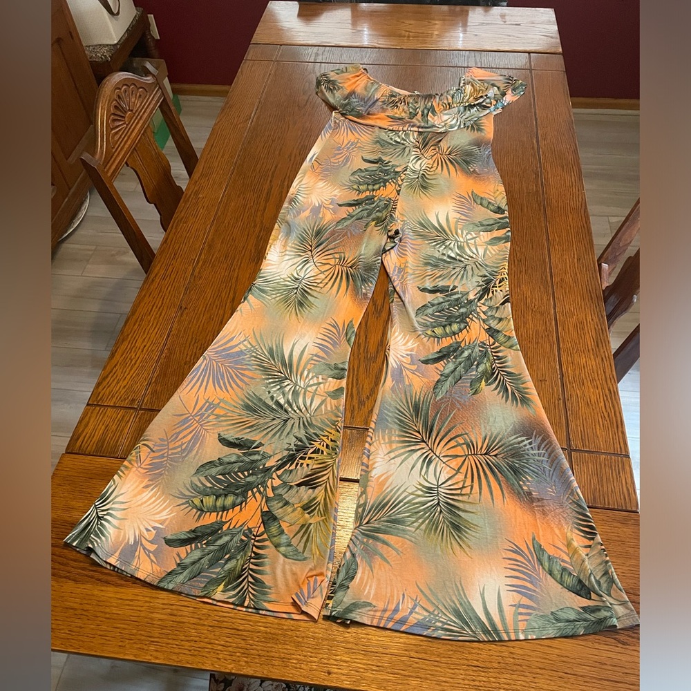 Fashion Nova Orange Tropical Print Flare Jumpsuit